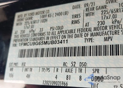 2021 Ford Escape Se from USA, damaged, VIN 1FMCU9G65MUB03411